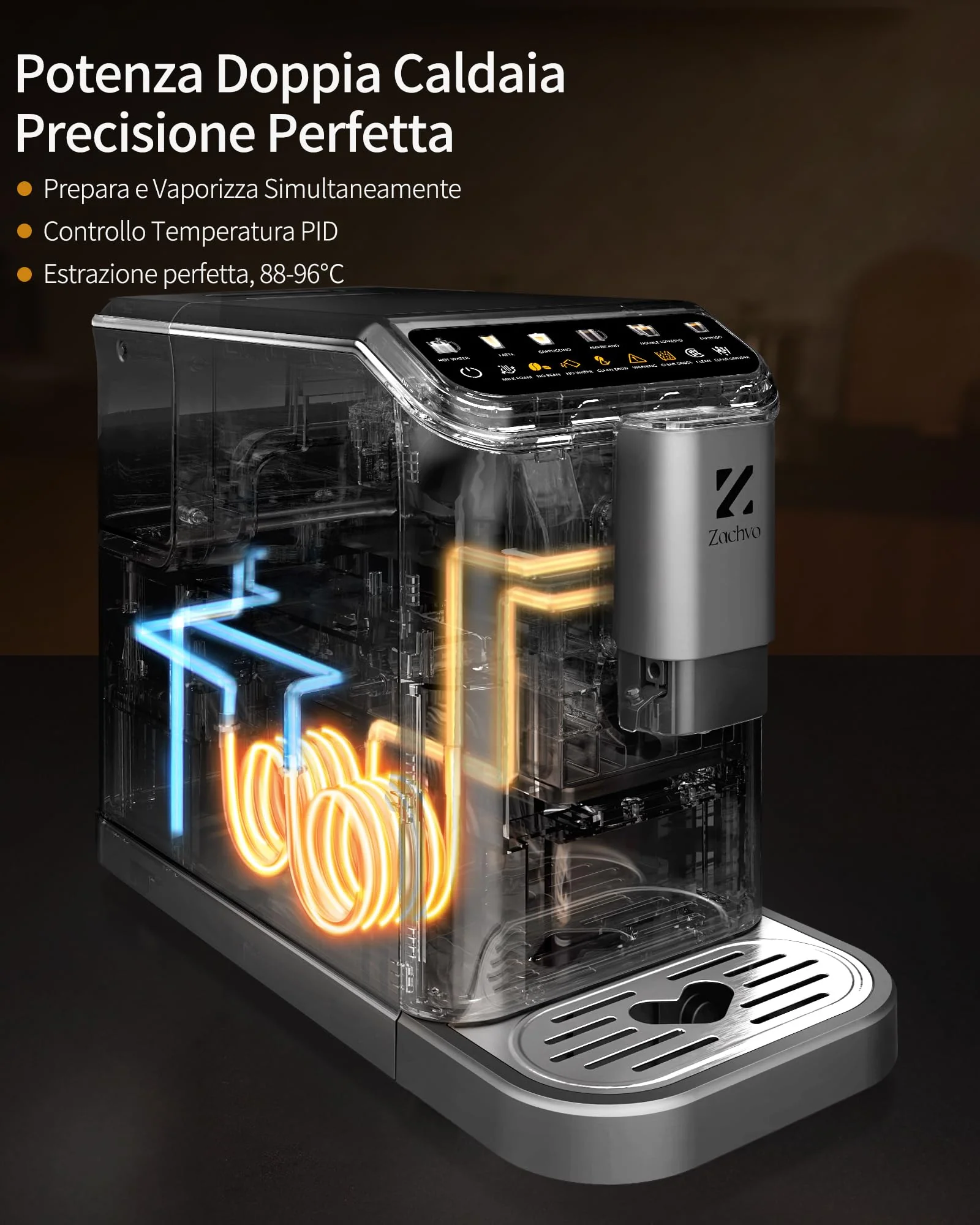 ZACHVO Kaffeevollautomat mit Milchbehälter, 20 Bar, 15-stufiges Mahlwerk, Touchscreen, PID-Temperaturkontrolle, Automatische Reinigung, 5 Getränke auf Knopfdruck – Latte, Cappuccino & mehr,Kompakt - Image 5