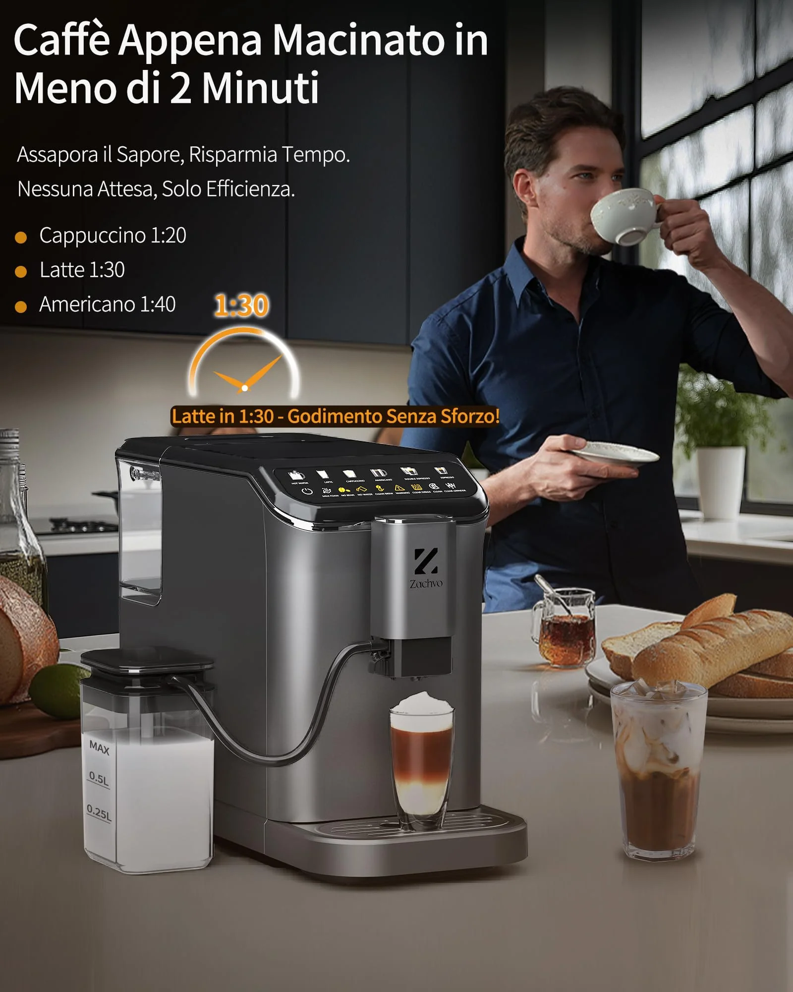 ZACHVO Kaffeevollautomat mit Milchbehälter, 20 Bar, 15-stufiges Mahlwerk, Touchscreen, PID-Temperaturkontrolle, Automatische Reinigung, 5 Getränke auf Knopfdruck – Latte, Cappuccino & mehr,Kompakt - Image 9