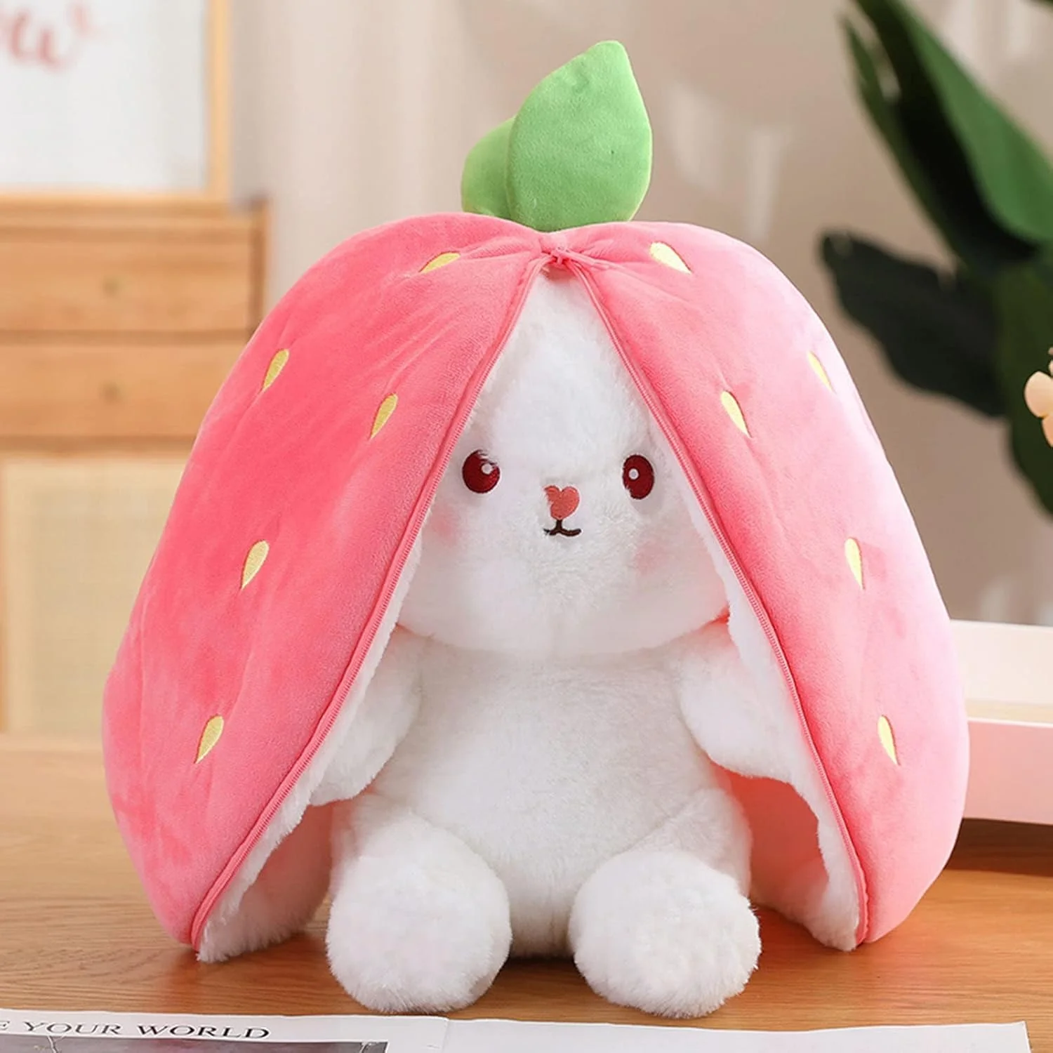 Zaloife Hase Plüschtier Verstecken Rosa, Plush Hasen Erdbeeren 24cm, Stofftier Plüsch Hasen Versteckspiel, Kuscheltier Osterhase Puppe Geschenk für Kinder - Image 2