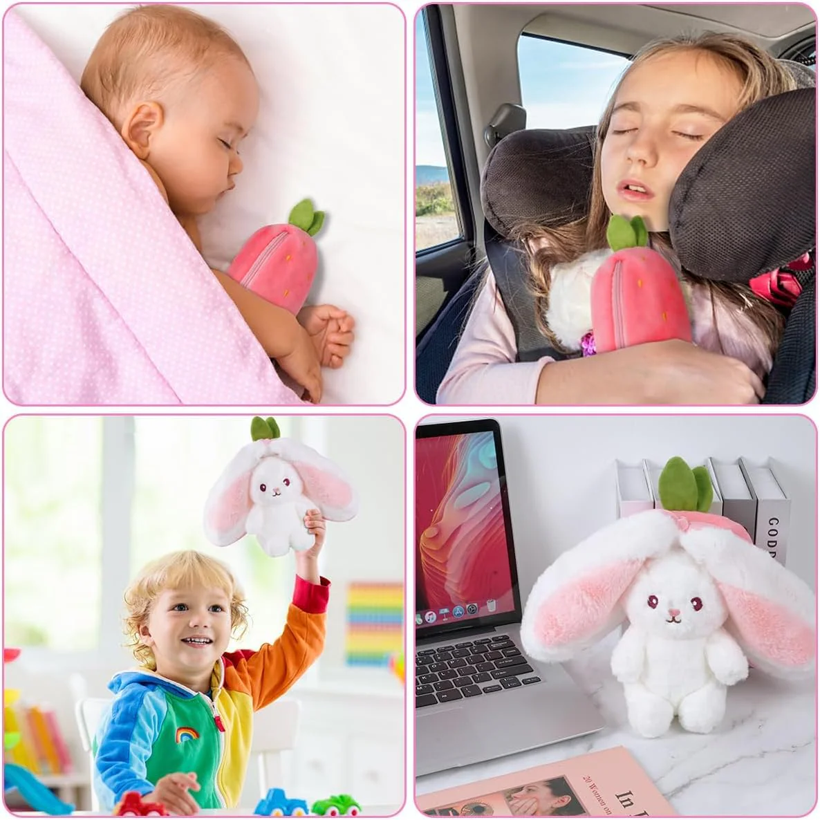 Zaloife Hase Plüschtier Verstecken Rosa, Plush Hasen Erdbeeren 24cm, Stofftier Plüsch Hasen Versteckspiel, Kuscheltier Osterhase Puppe Geschenk für Kinder - Image 3