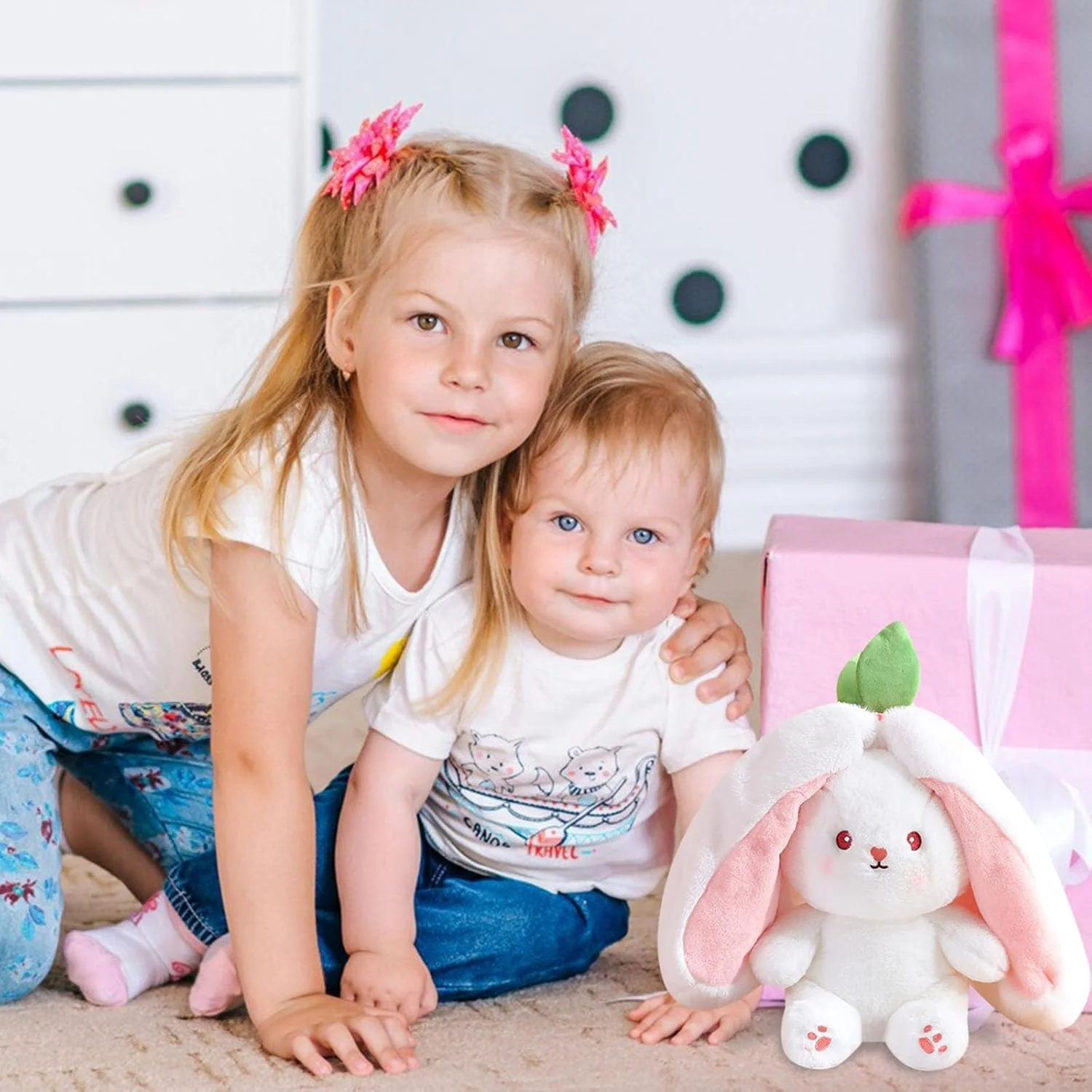 Zaloife Hase Plüschtier Verstecken Rosa, Plush Hasen Erdbeeren 24cm, Stofftier Plüsch Hasen Versteckspiel, Kuscheltier Osterhase Puppe Geschenk für Kinder - Image 4