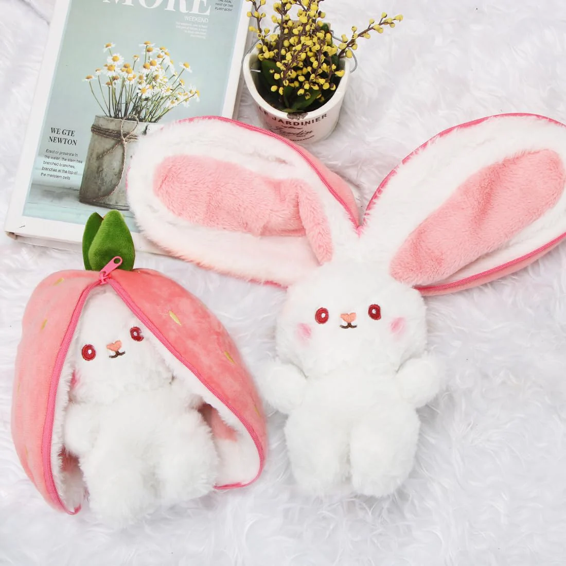 Zaloife Hase Plüschtier Verstecken Rosa, Plush Hasen Erdbeeren 24cm, Stofftier Plüsch Hasen Versteckspiel, Kuscheltier Osterhase Puppe Geschenk für Kinder - Image 5
