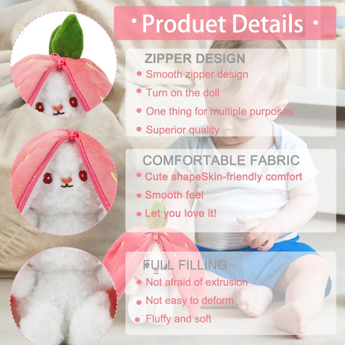 Zaloife Hase Plüschtier Verstecken Rosa, Plush Hasen Erdbeeren 24cm, Stofftier Plüsch Hasen Versteckspiel, Kuscheltier Osterhase Puppe Geschenk für Kinder - Image 6