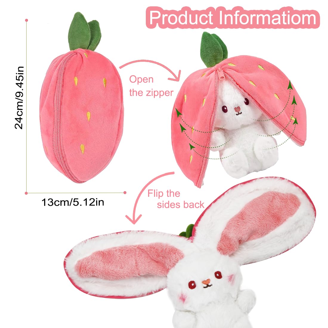 Zaloife Hase Plüschtier Verstecken Rosa, Plush Hasen Erdbeeren 24cm, Stofftier Plüsch Hasen Versteckspiel, Kuscheltier Osterhase Puppe Geschenk für Kinder - Image 7