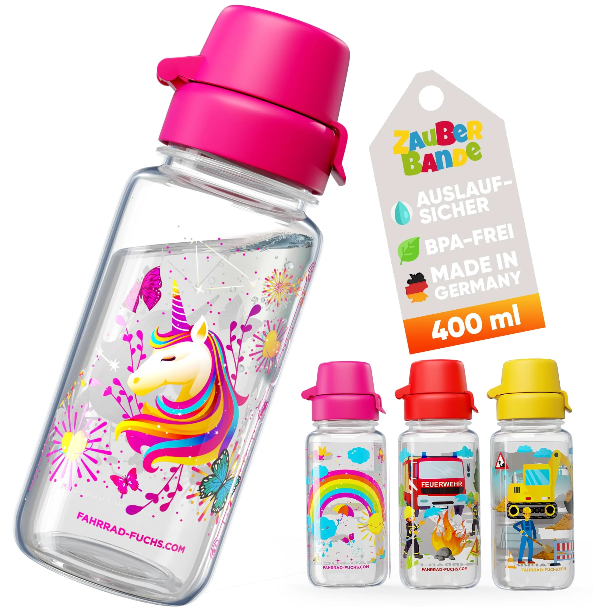 Zauberbande Trinkflasche Kinder auslaufsicher – Einhorn – 400 ml – Kinder Trinkflasche Kohlensäure geeignet, BPA-frei aus Tritan, spülmaschinenfest, Easy-Clean – Made in Germany