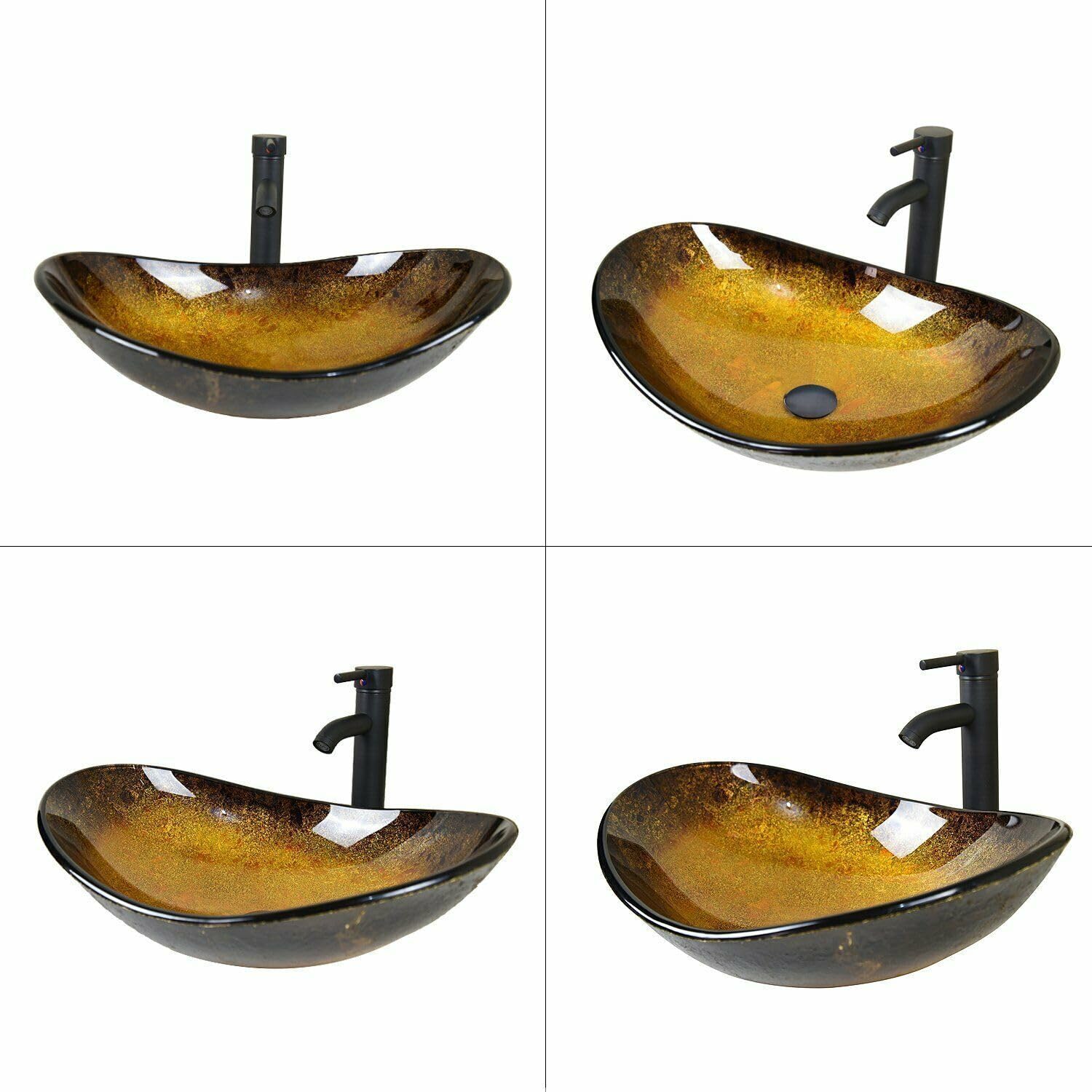 ZealWe Aufsatzwaschbecken 55 cm, Waschbecken aus Glas, Badmöbel Oval Waschschale Waschplatz Handwaschbecken mit Wasserhahn Set, Aufsatz Waschtisch ohne Überlauf für Badezimmer, Küche, Schwarz Gold - Image 2