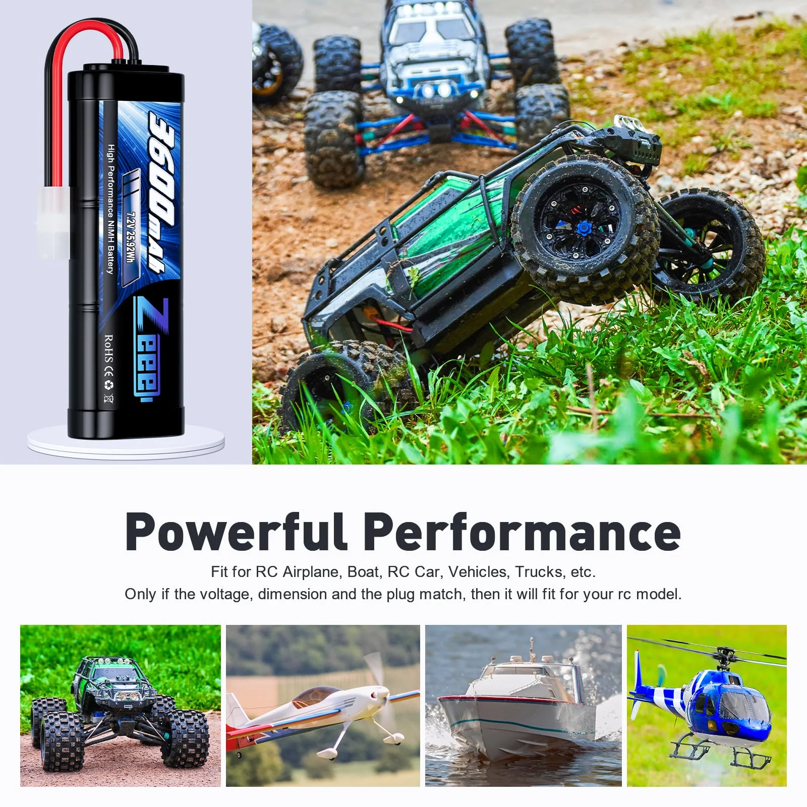 Zeee 7,2V 3600mAh RC NiMH Akku für RC Auto RC LKW HPI Losi Kyosho Hobby (2 Packungen) - Image 4