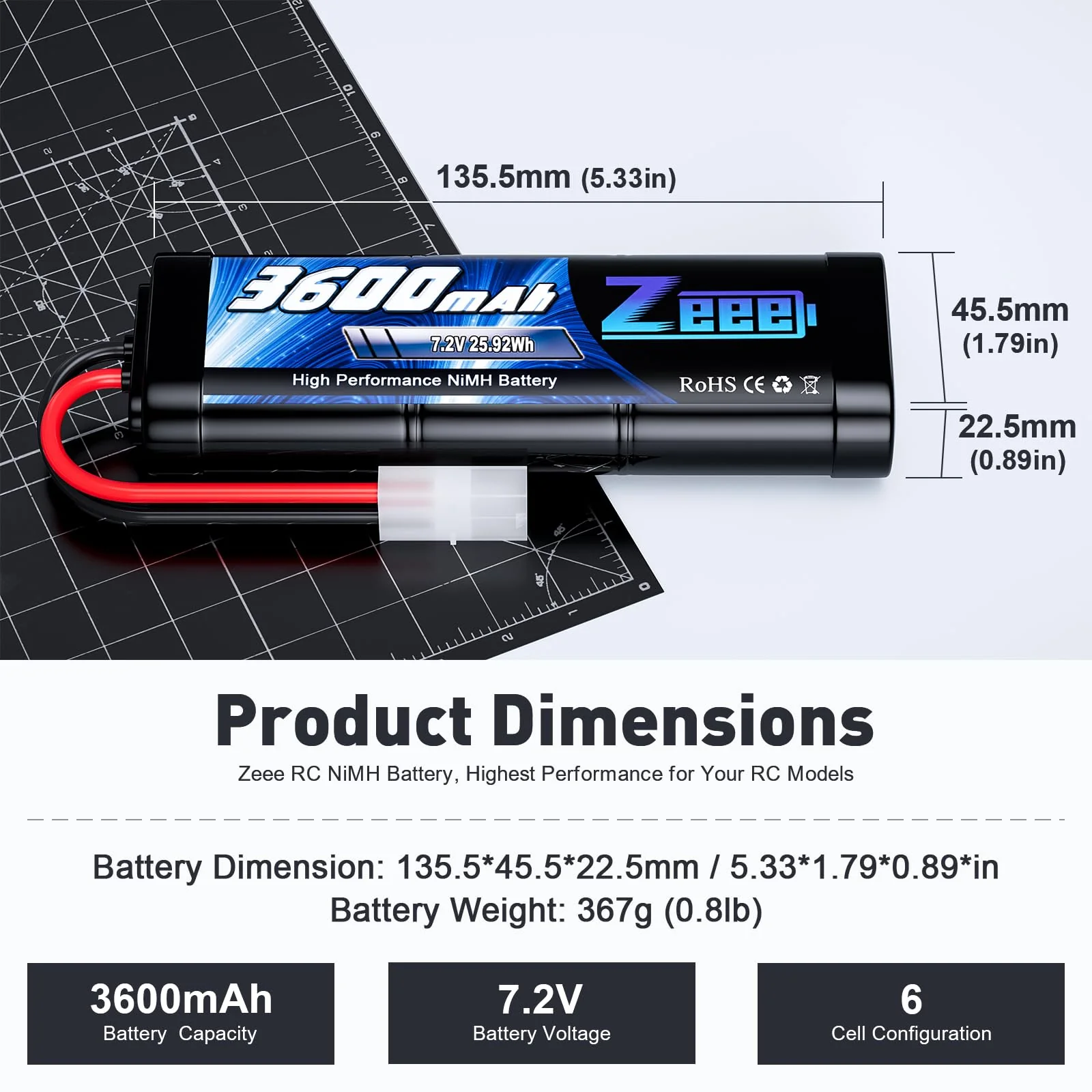 Zeee 7,2V 3600mAh RC NiMH Akku für RC Auto RC LKW HPI Losi Kyosho Hobby (2 Packungen) - Image 7