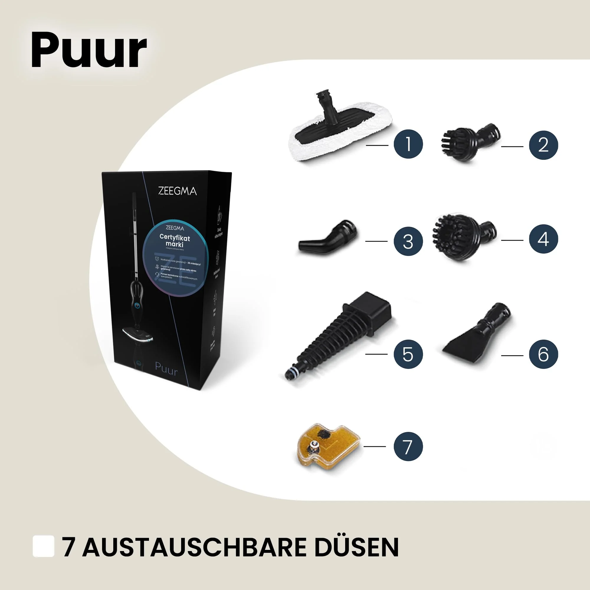Zeegma PUUR Dampfreiniger chemikalienfreie Reinigung einsatzbereit in 25 Sekunden 7 verschiedene Aufsätze 2 Wasserfilter 5m Kabellänge Leistung 1500 W - Image 3