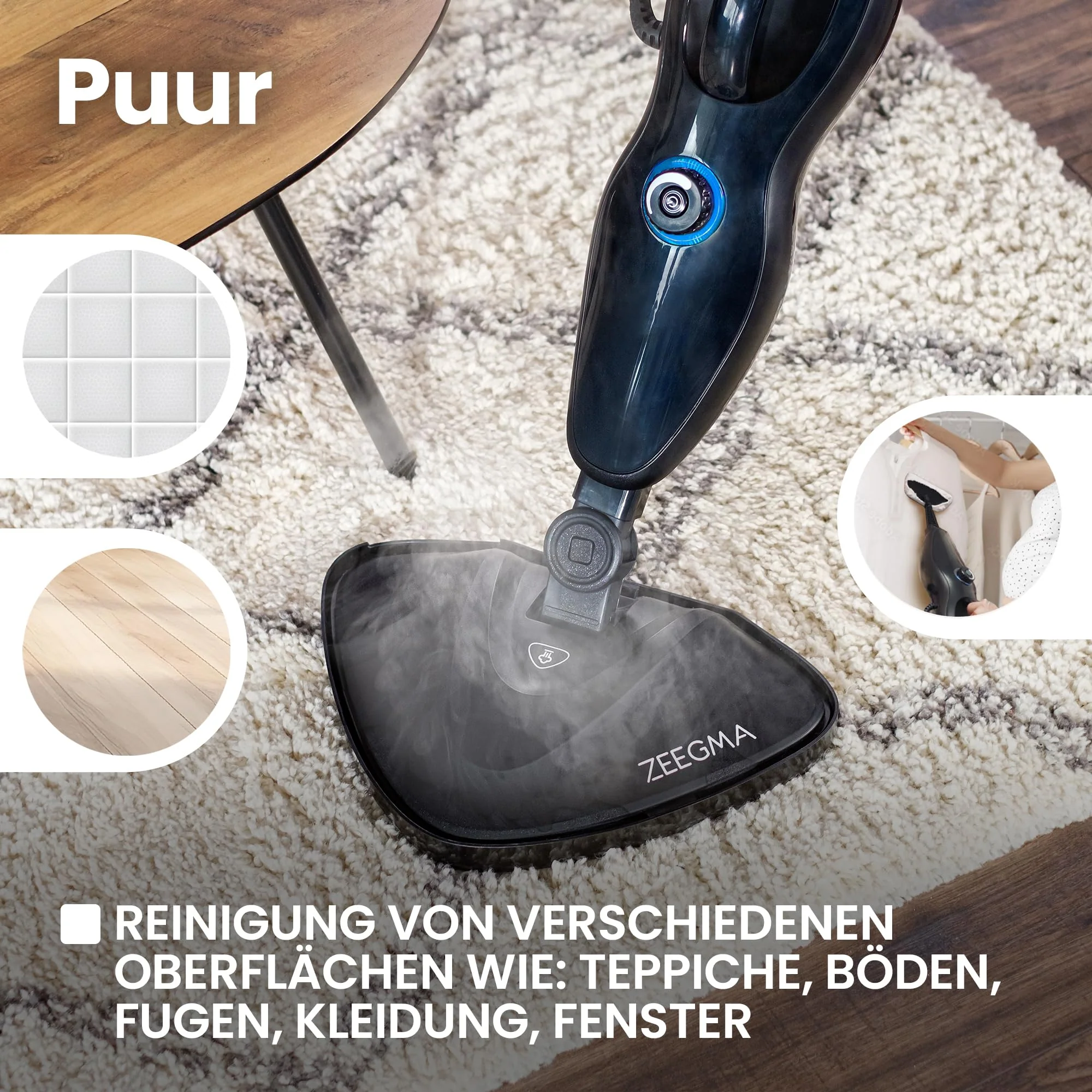 Zeegma PUUR Dampfreiniger chemikalienfreie Reinigung einsatzbereit in 25 Sekunden 7 verschiedene Aufsätze 2 Wasserfilter 5m Kabellänge Leistung 1500 W - Image 7