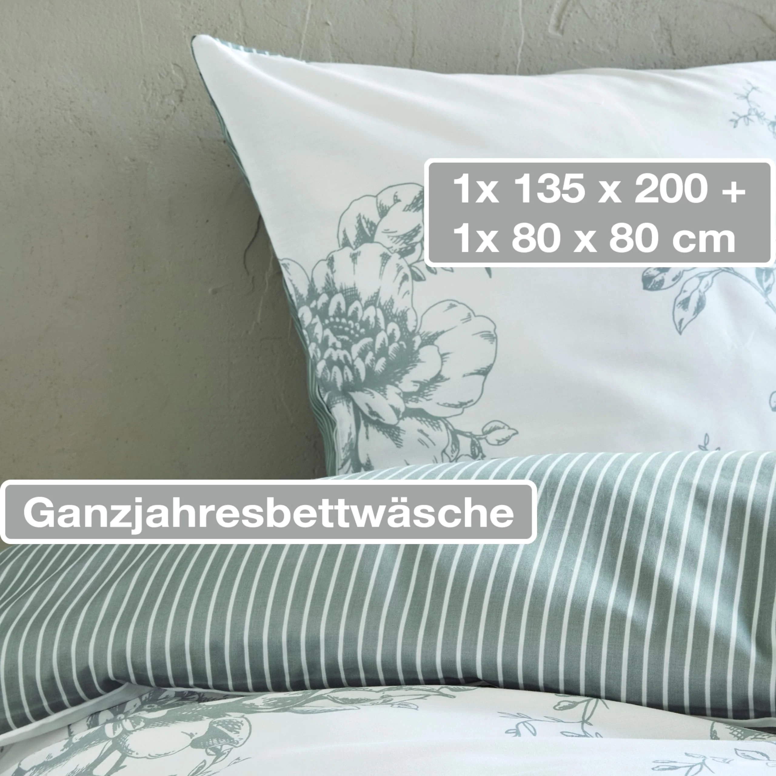 Zeitgeist Cholet Bettwäsche 135x200 cm - 100% Baumwolle, Reißverschluss, 2tlg Bettwäsche Set Blumen grün weiß - Image 7