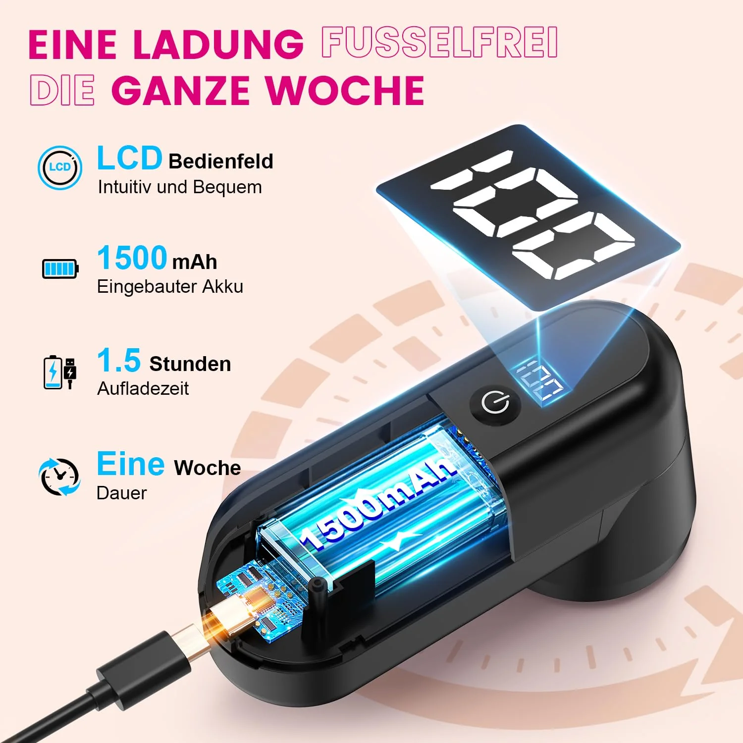 Ziitty Fusselrasierer Elektrisch, Tragbarer Aufladbar Fusselentferner, LED-Anzeige, Kompletter Fusselrasierer für alle Stoffe mit 3 Klingen, Typ-C-Ladekabel und Reinigungsbürste (Schwarz) - Image 7