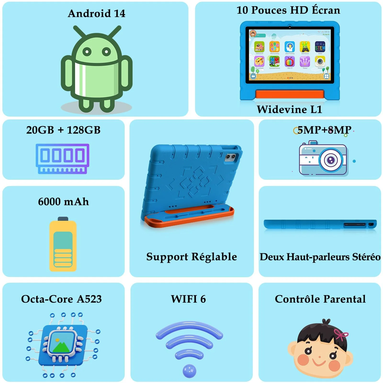 ZIOVO Tablet 10 Zoll Android mit 20GB RAM+128GB ROM(TF 1TB), 5G WiFi 6, Octa-Core, Widevine L1, Face ID, 1280 * 800, 6000mAh, Bluetooth 5.0, GMS Certified Tablet mit Eva Case - Blau - Image 8