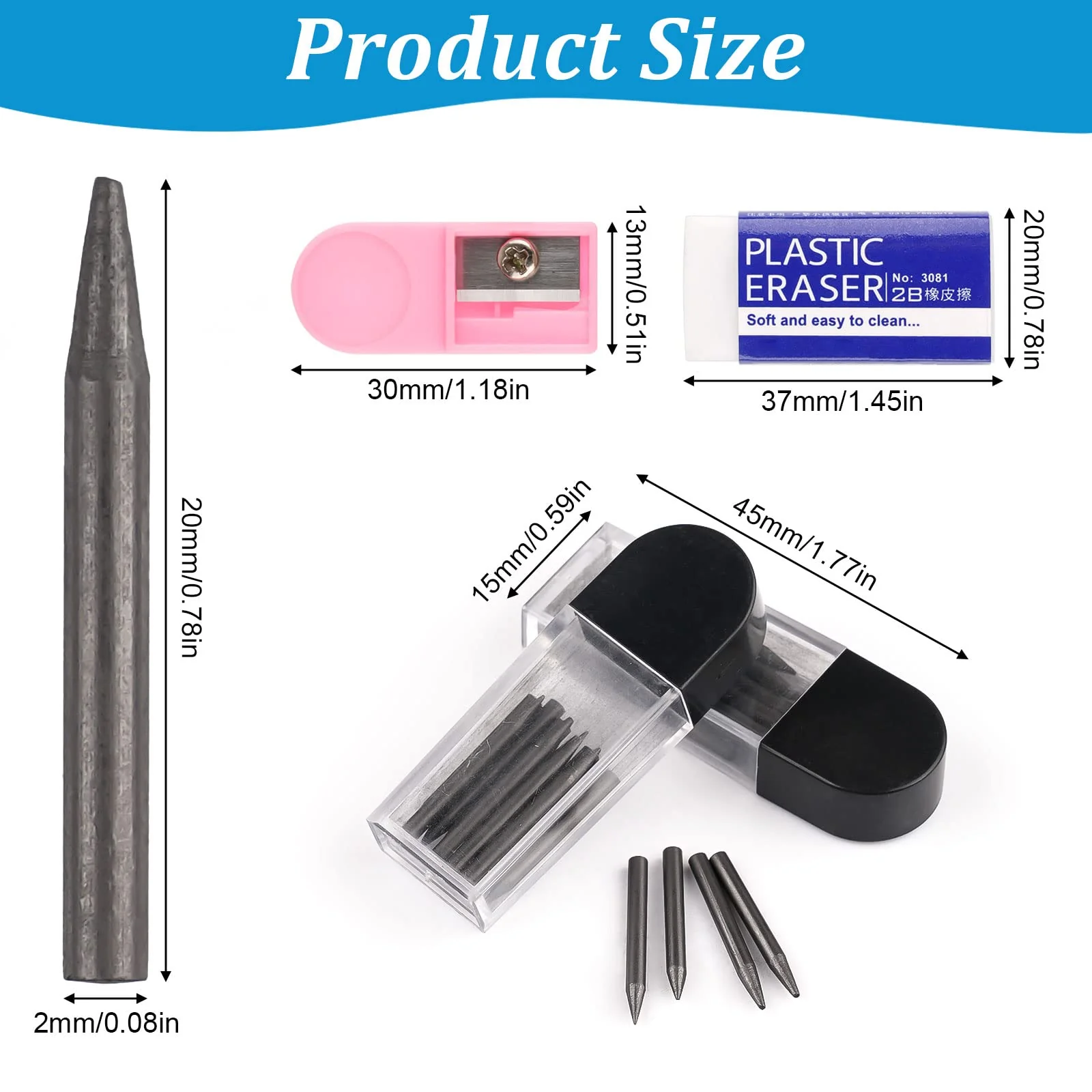 Zirkelersatzminen 100 Stück, 2B Zirkelminen mit Radiergummim, 2 mm Durchmesser Zirkel Ersatzminen 2cm Lang Minen für Zirkelspitzer Mathematische Zeichnungserstellung Holzbearbeitungsmarker - Image 2