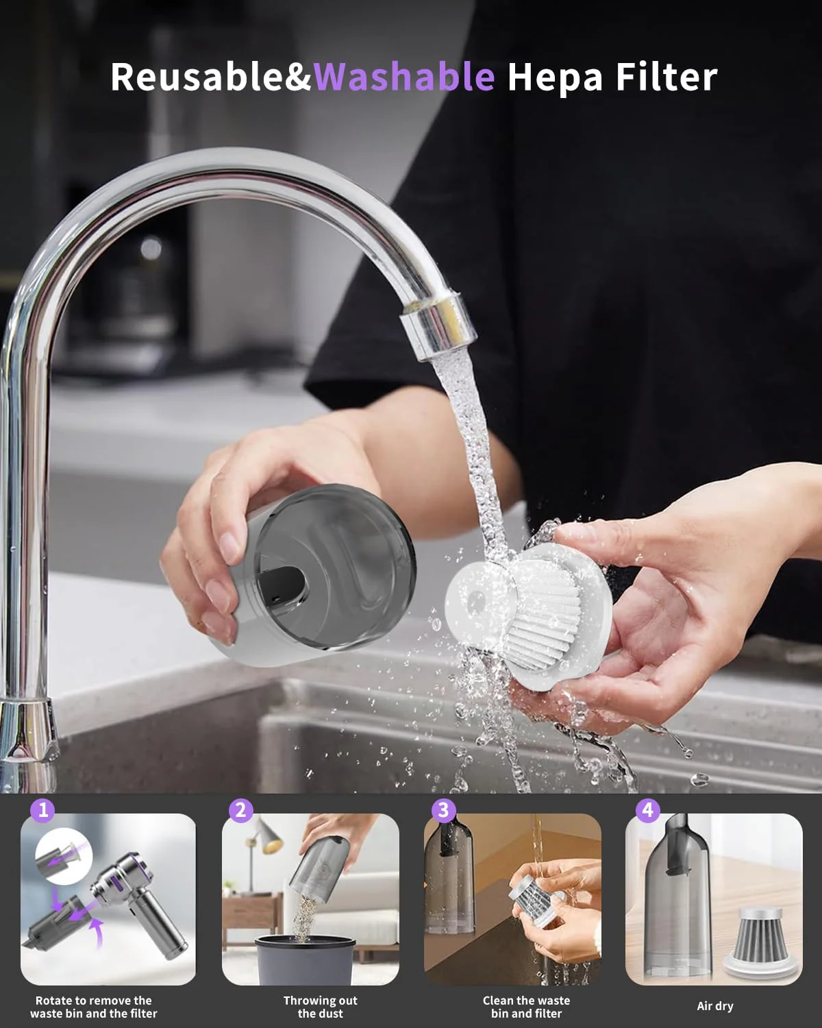 ZStarlite Handstaubsauger,Handstaubsauger Akku,16000Pa 4-in-1 Leistungsstarker Kabelloser Autostaubsauger,3-Gang Mini Handstaubsauger, 120W USB Wiederaufladbar 6000mAh,für Auto,Haus,Büro,Tierhaare - Image 4