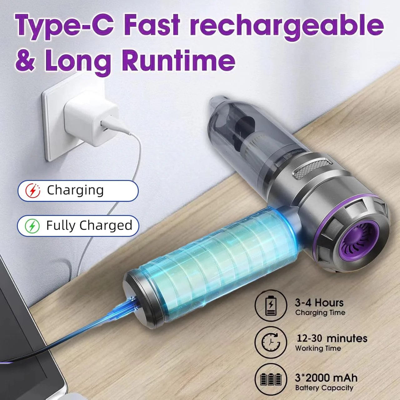 ZStarlite Handstaubsauger,Handstaubsauger Akku,16000Pa 4-in-1 Leistungsstarker Kabelloser Autostaubsauger,3-Gang Mini Handstaubsauger, 120W USB Wiederaufladbar 6000mAh,für Auto,Haus,Büro,Tierhaare - Image 5