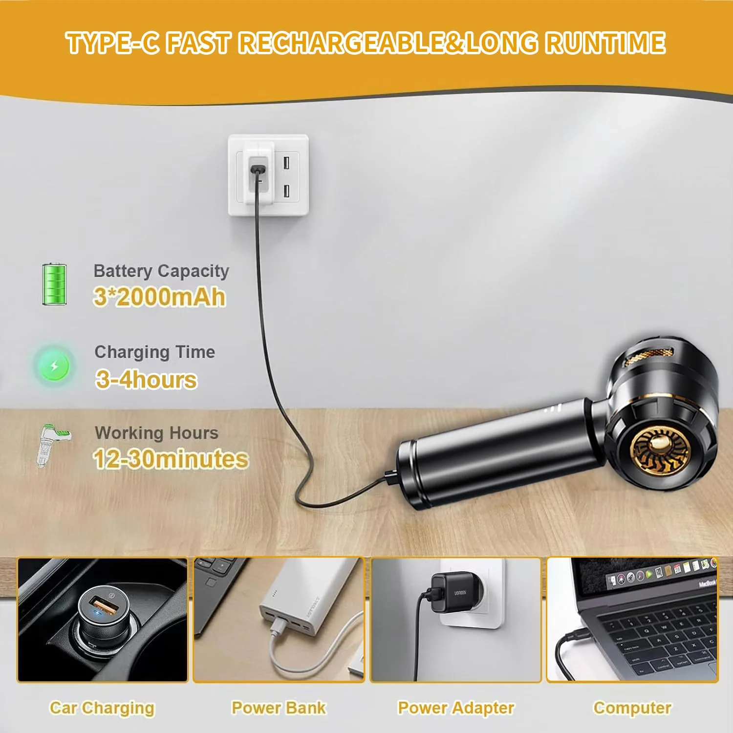 ZStarlite Handstaubsauger,Handstaubsauger Akku,16000Pa 4-in-1 Leistungsstarker Kabelloser Autostaubsauger,3-Gang Mini Handstaubsauger, 120W USB Wiederaufladbar 6000mAh,für Auto,Haus,Büro,Tierhaare - Image 7