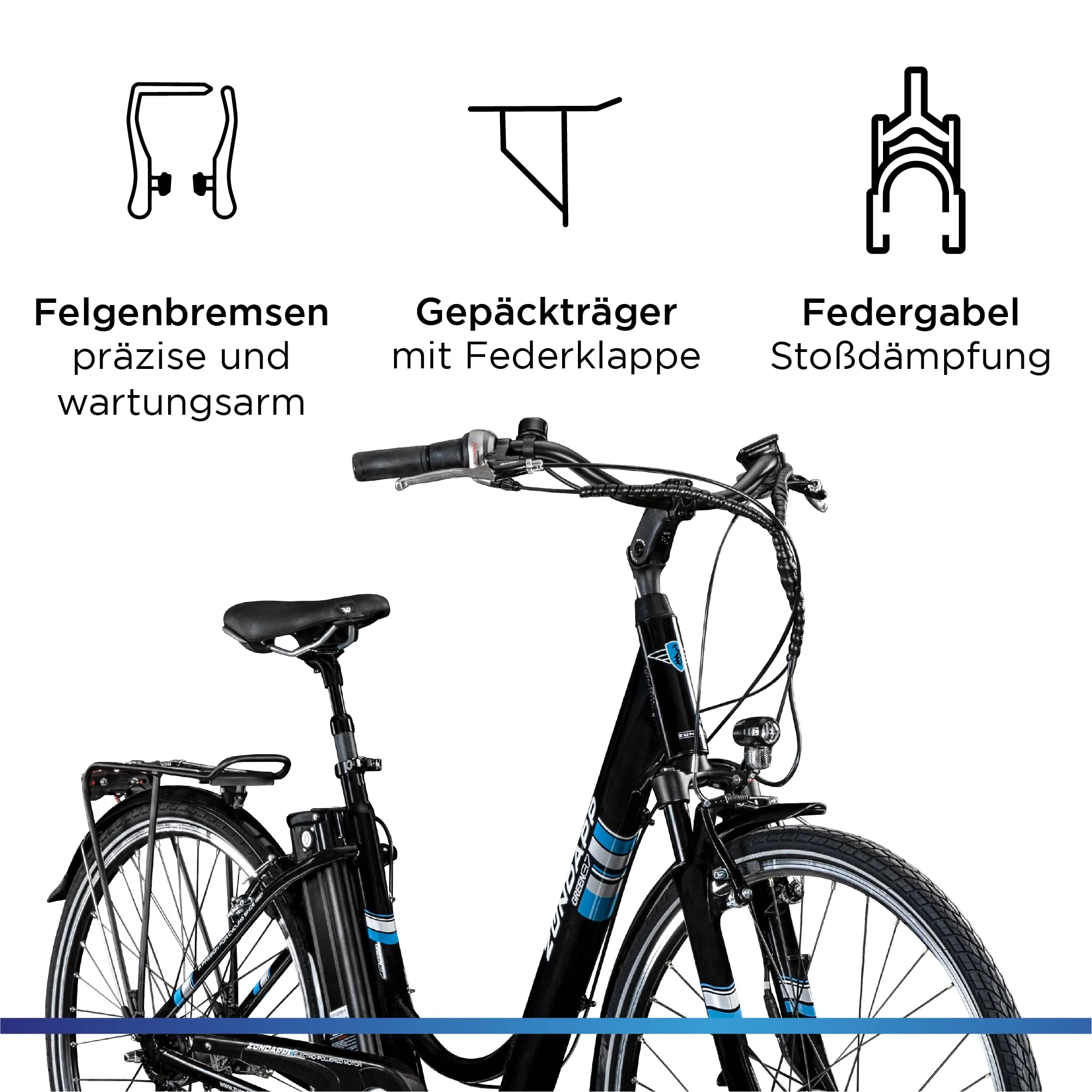 ZÜNDAPP E Bike City 28 Zoll | Elektro Fahrrad für 150-175 cm | 7 Gang Ebike Vorderrad Motor | E-Bike Elektrofahrrad mit Beleuchtung | Retro Hollandrad Green 3.7 (schwarz/blau, 48 cm) - Image 6