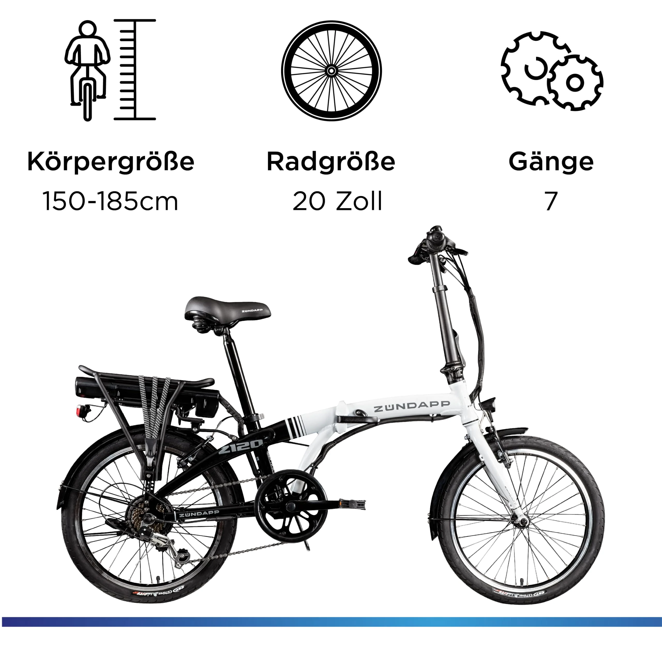 ZÜNDAPP Z120 20 Zoll E Bike Faltrad Damen Herren Elektrofahrrad klappbar Fahrrad Elektro Klapprad Ebike Pedelec E-Bike Erwachsene Klappfahrrad (schwarz/grau, 28 cm) - Image 7