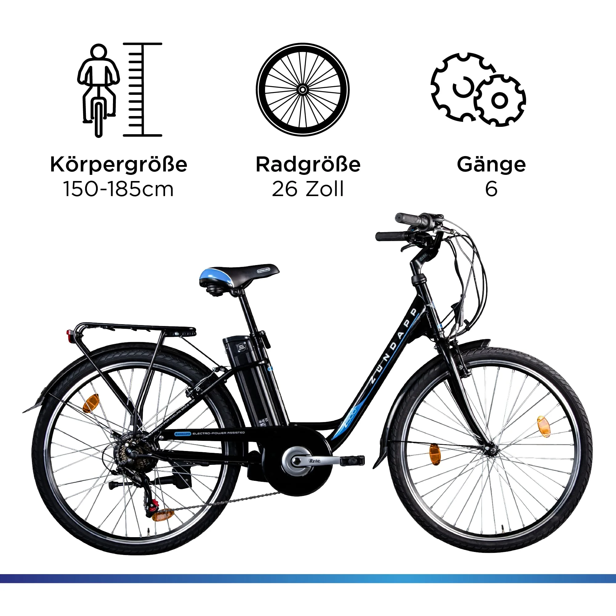 ZÜNDAPP Z505 City E-Bike Damen 26 Zoll | Citybike mit 6 Gang Schaltung Pedelec | für 150-185 cm | Bike mit StVZO Beleuchtung und Gepäckträger (schwarz, 43 cm) - Image 7