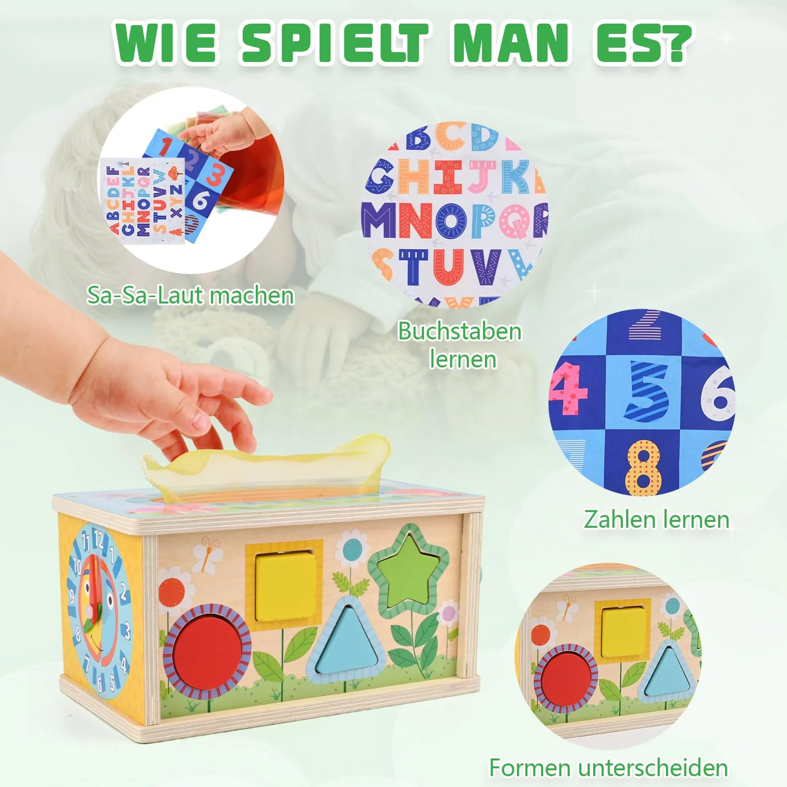 ZWOOS Montessori Spielzeug ab 6 Monate, 6-In-1 Tücherbox Baby, Motorikwürfel Holzspielzeug 6-12 Monate Jungen Mädchen, Motorikspielzeug für Kinder 1-3, Baby Geschenk - Image 6