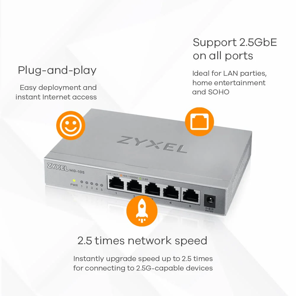 Zyxel 2,5G Multi-Gigabit Unmanaged Switch mit fünf Ports für Home Entertainment oder SOHO-Netzwerke [MG-105] - Image 3