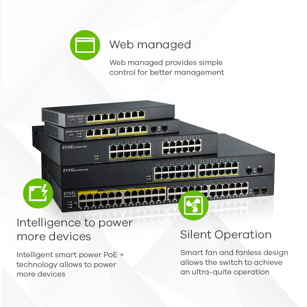 Zyxel 24-Port Gigabit Switch | Smart Managed | Desktop/Rackmontage und lüfterloses Design | VLAN, IGMP, QoS [GS1900-24E] - Image 5